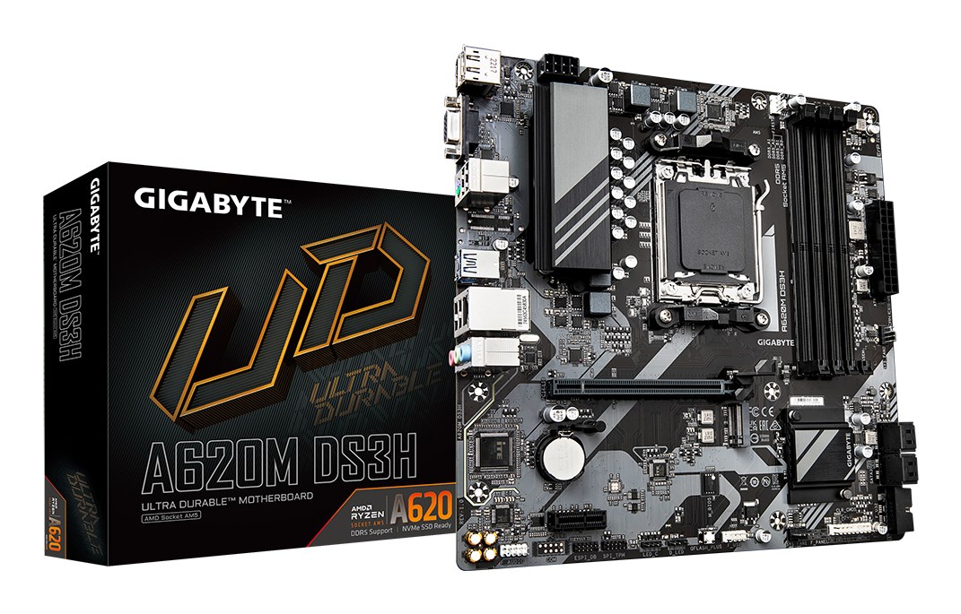 GIGABYTE A620M DS3H (AMD Ryzen 8000 Support, DDR5 up to 7600MHz OC, PCIe 4.0 M.2, GbE LAN, USB 3.2 Gen1), Pllakë Amë